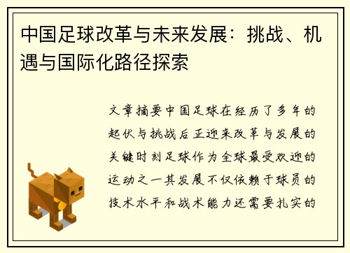 中国足球改革与未来发展：挑战、机遇与国际化路径探索
