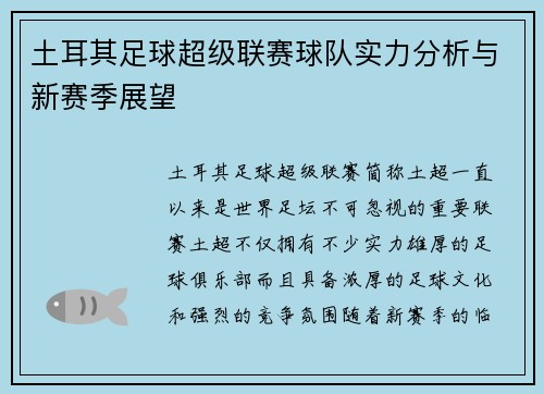 土耳其足球超级联赛球队实力分析与新赛季展望