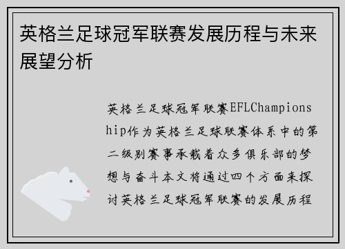 英格兰足球冠军联赛发展历程与未来展望分析