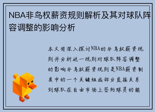 NBA非鸟权薪资规则解析及其对球队阵容调整的影响分析