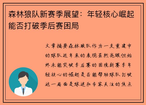 森林狼队新赛季展望：年轻核心崛起能否打破季后赛困局